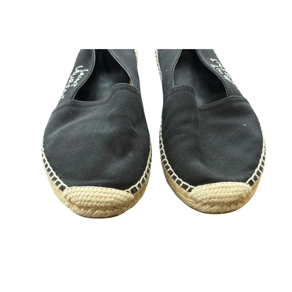 Saint Laurent Womens Espadrilles Flats Shoes Black Canvas Embroidered Logo 37.5